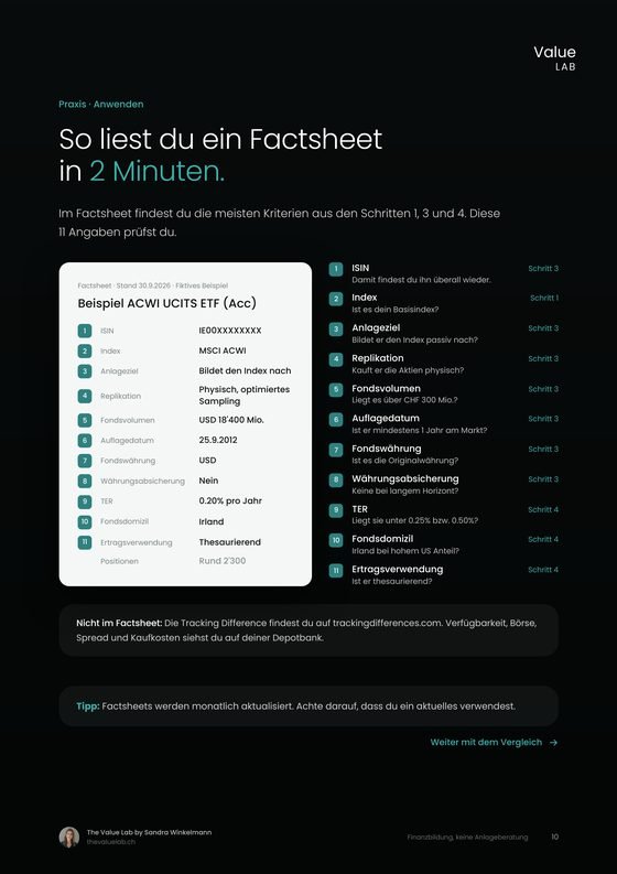 Seite aus dem ETF Masterguide: So liest du ein Factsheet in 2 Minuten